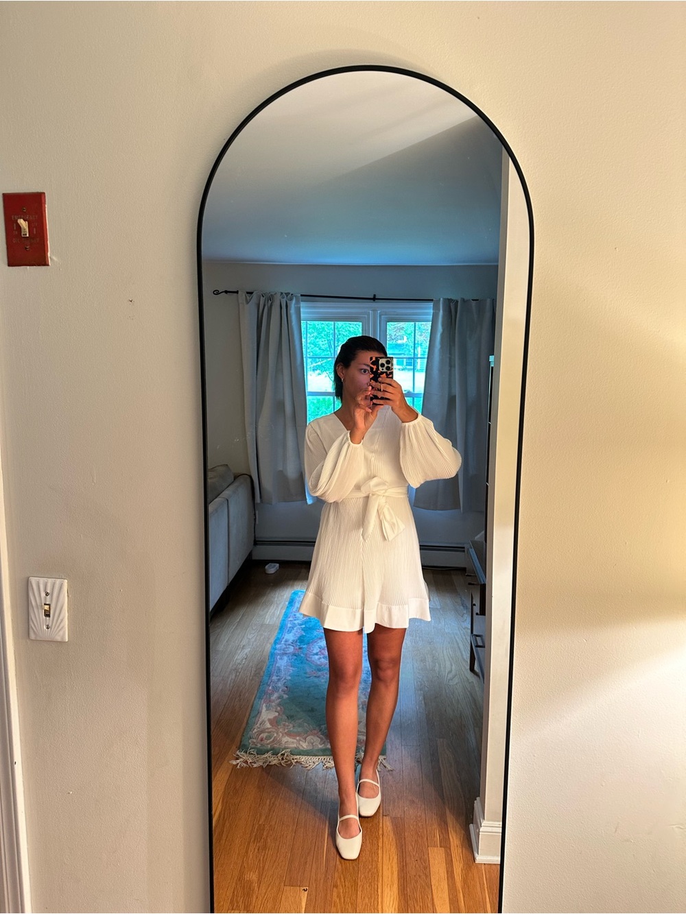 Milly White V-Neck Long-Sleeve Tie-Waist Mini Dress